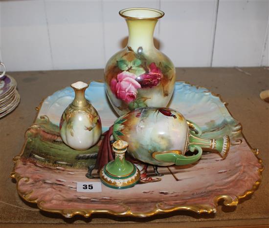2 Worcester vases, another A/F & French figural tray